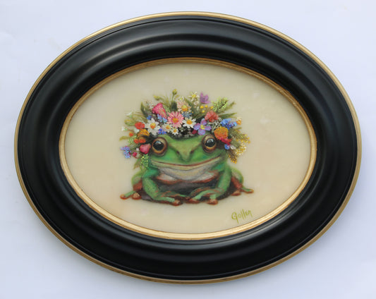 Prints available, original ***SOLD*** CARRIE GOLLER - Frog Queen (Floriferous Frog Portrait), Mixed Media Oil/Encaustic 7x5