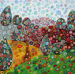 Prints available, original ***SOLD*** CARRIE GOLLER PRINTS - SEA, CITY, LAND SCAPES - GARDEN PARTY IV   original encaustic, 24x24