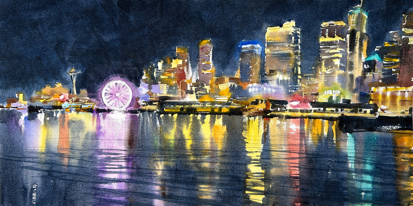 Prints available, original ***SOLD*** Ina Xi - Goodnight Seattle, Watercolor paper on wood canvas, 20x10x1.5
