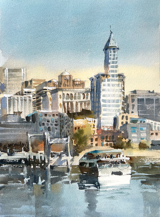 Ina Xi - Good morning Seattle, Original Watercolor, 13x17(framed)