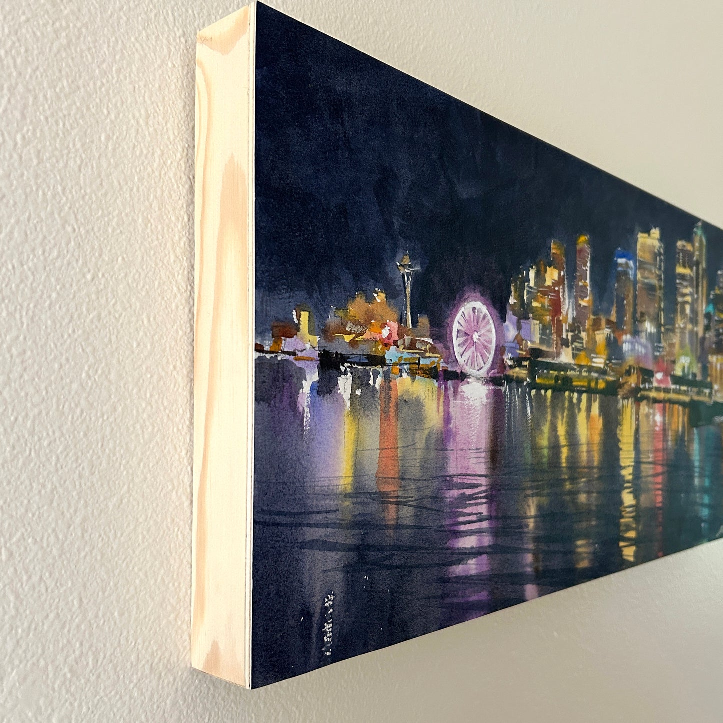 Prints available, original ***SOLD*** Ina Xi - Goodnight Seattle, Watercolor paper on wood canvas, 20x10x1.5