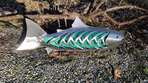 BOB KIMBALL - Coho Salmon Wall Sculpture - Green Glass and Stainless Steel 11.5Hx32Lx3W