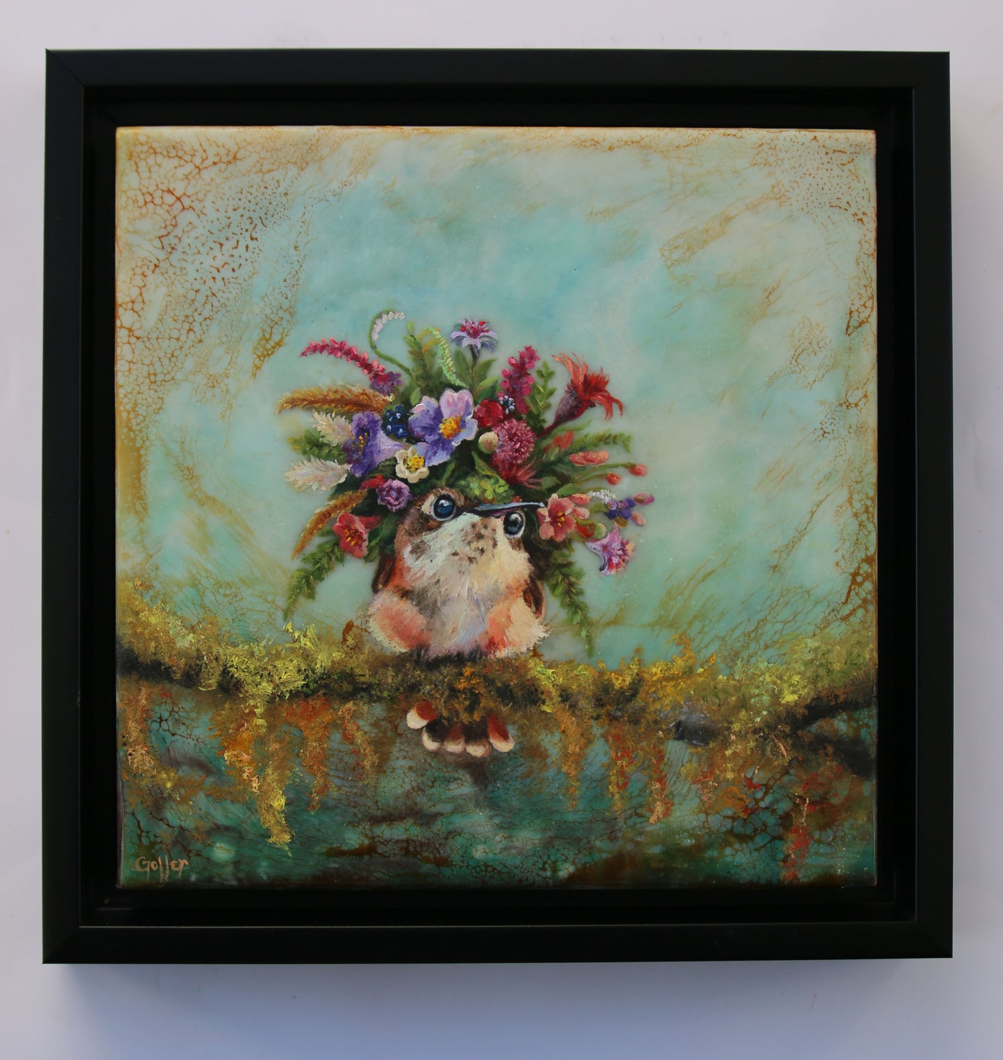 Prints available, original ***SOLD*** CARRIE GOLLER - Gretchen, Floriferous collection (hummingbird), Mixed Media – Oil/Encaustic 8x8  ***At Jones and Terwilliger Galleries, Palm Desert, CA please inquire at (760) 674-8989***