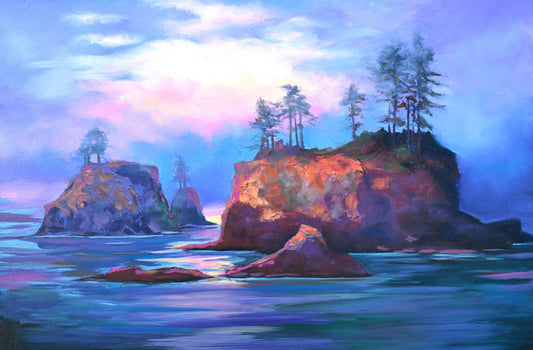 JANDI SMALL -  Guardians of the Tide, Oil on canvas mounted to cradled birch panel, 36”w x 24”h x 1.5” d