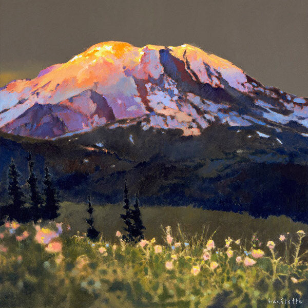 Prints available, original ***SOLD*** MAX HAYSLETTE - Rainier and the Alpine Meadow, acrylic 24X24 (HMAC 1769)