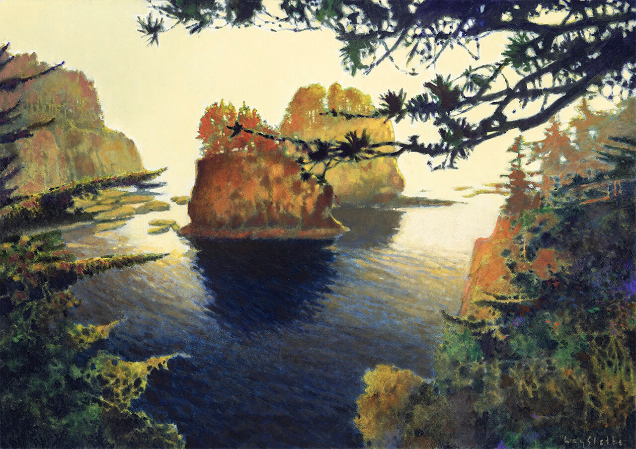 Prints available, original ***SOLD*** MAX HAYSLETTE - Cape Flattery in Fog No. 2 (HMAC 1801)  acrylic. 24X34