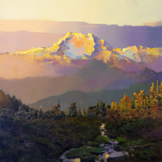 Prints available, original ***SOLD*** MAX HAYSLETTE,  Study: Early Snow in the Olympics No. 2, acrylic 24x24 (HMAC 1856)