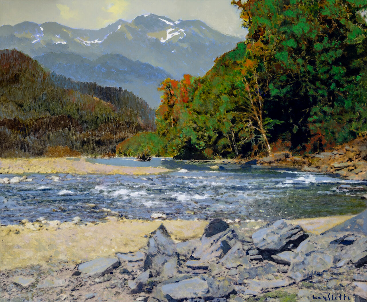 Prints available, original ***SOLD*** MAX HAYSLETTE, Autumn on The Elwha 28X34, acrylic (HMAC 1883)