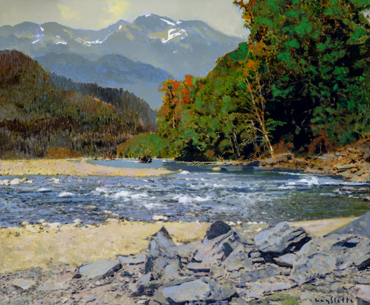 Prints available, original ***SOLD*** MAX HAYSLETTE, Autumn on The Elwha 28X34, acrylic (HMAC 1883)