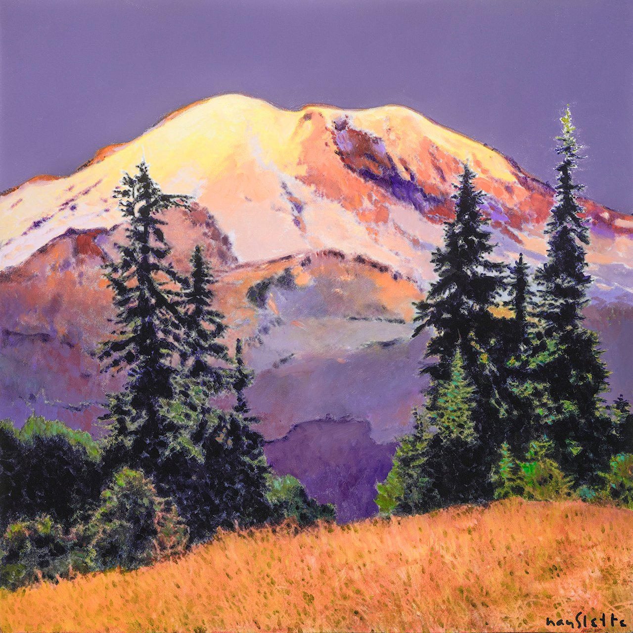 Prints available, original ***SOLD*** MAX HAYSLETTE -  Rainier and the Alpine Meadow, Acrylic 24X24, HMAC 1937