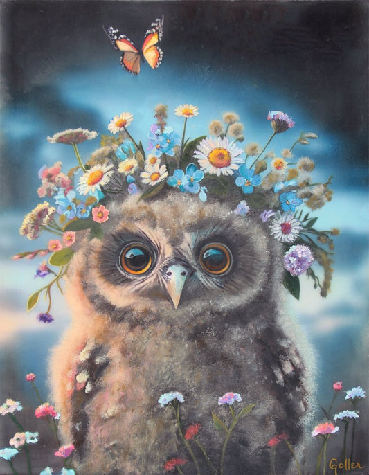 ***SOLD*** CARRIE GOLLER - Hazel, owl (Floriferous Collection), Mixed Media - Oil/Encaustic 14x11, ***At Jones & Terwilliger Galleries, Carmel, CA please inquire at (831) 626-9100***