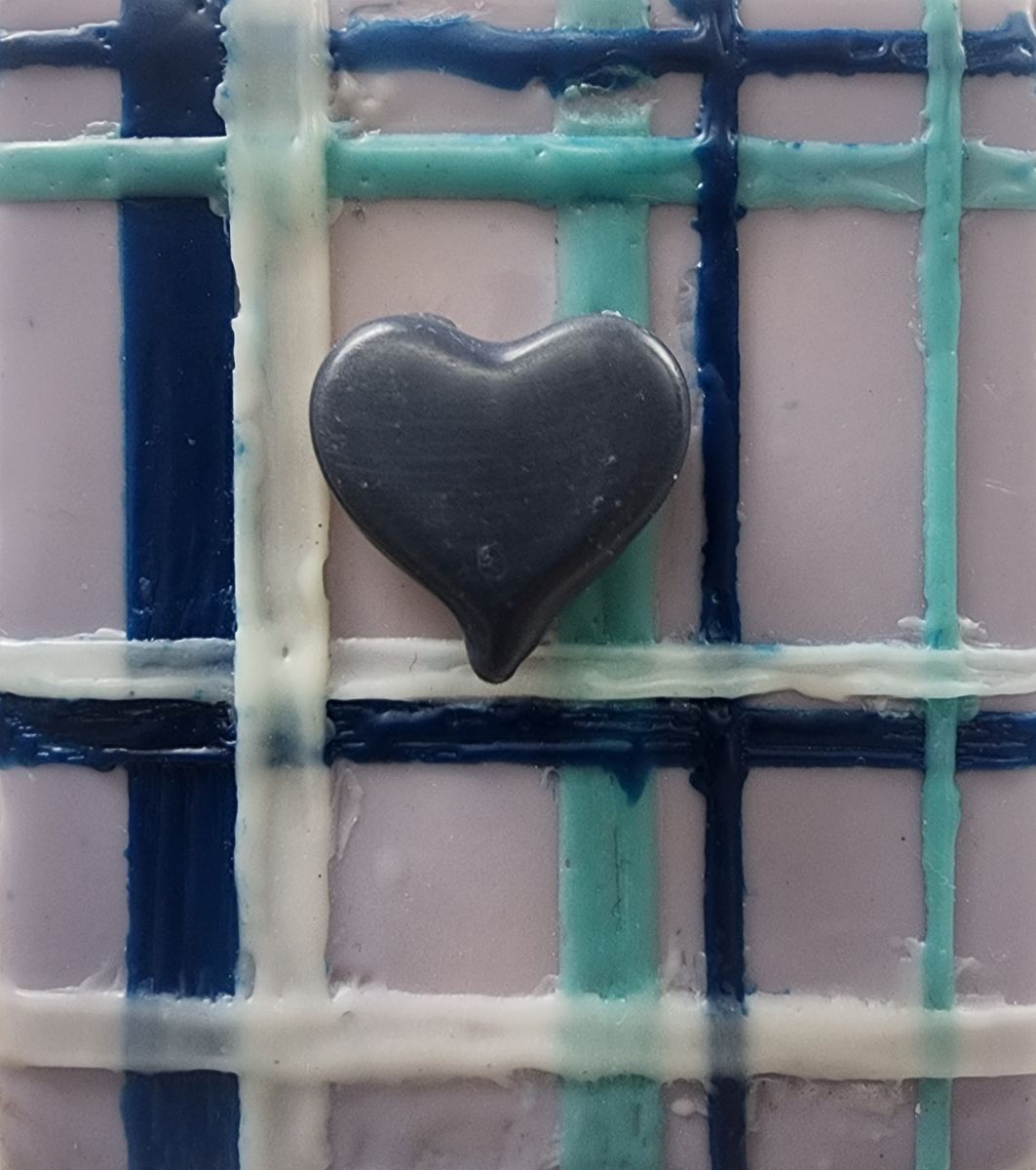 Carrie Goller - Blue Heart on Blue and White Plaid encaustic 4x3.25