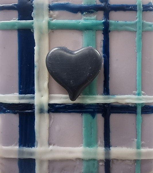 Carrie Goller - Blue Heart on Blue and White Plaid encaustic 4x3.25
