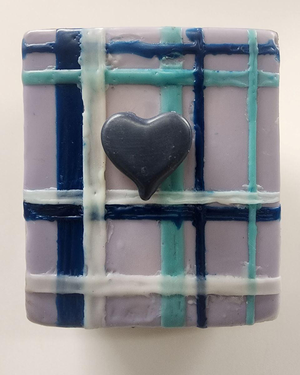 Carrie Goller - Blue Heart on Blue and White Plaid encaustic 4x3.25