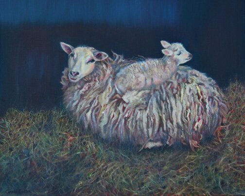 Prints available, original ***SOLD***  CARRIE GOLLER - HeyDay Farm Sheep, oil 20x28
