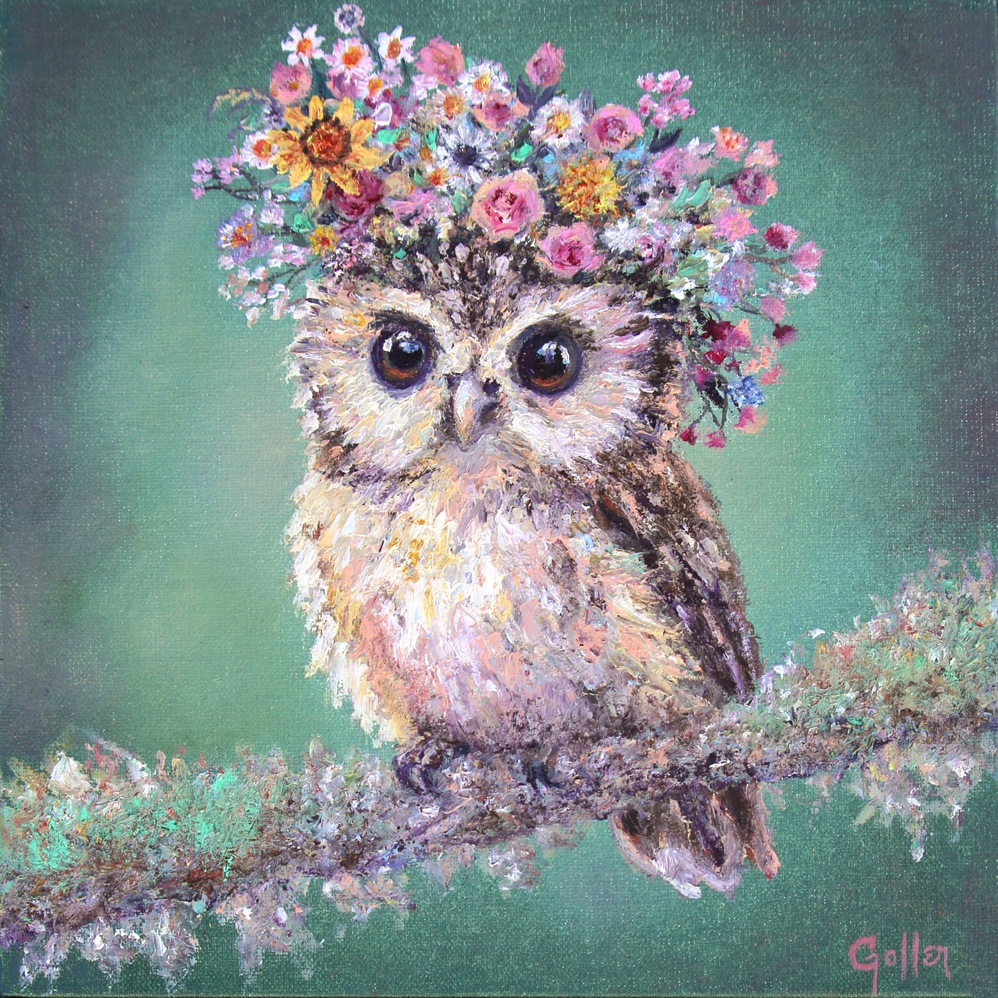 CARRIE GOLLER - Hilda, Floriferous collection (Owl), Oil 8x8***At Jones and; Terwilliger Galleries, Palm Desert, CA please inquire at (760) 674-8989***