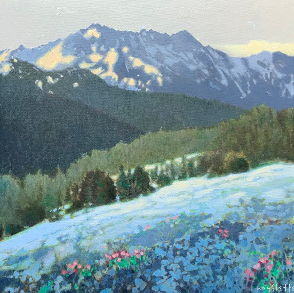 Prints available, original ***SOLD*** MAX HAYSLETTE - Alpine Meadow in Early Spring 18x18, HMAC 1857