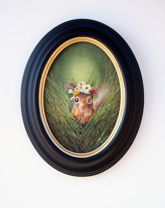 Prints available, original ***SOLD*** CARRIE GOLLER - Hobbitha (Floriferous Collection), oil 7x5 Miniature Squirrel ***At Rehs Contemporary Galleries, NYC, please inquire at (212) 355-5710***