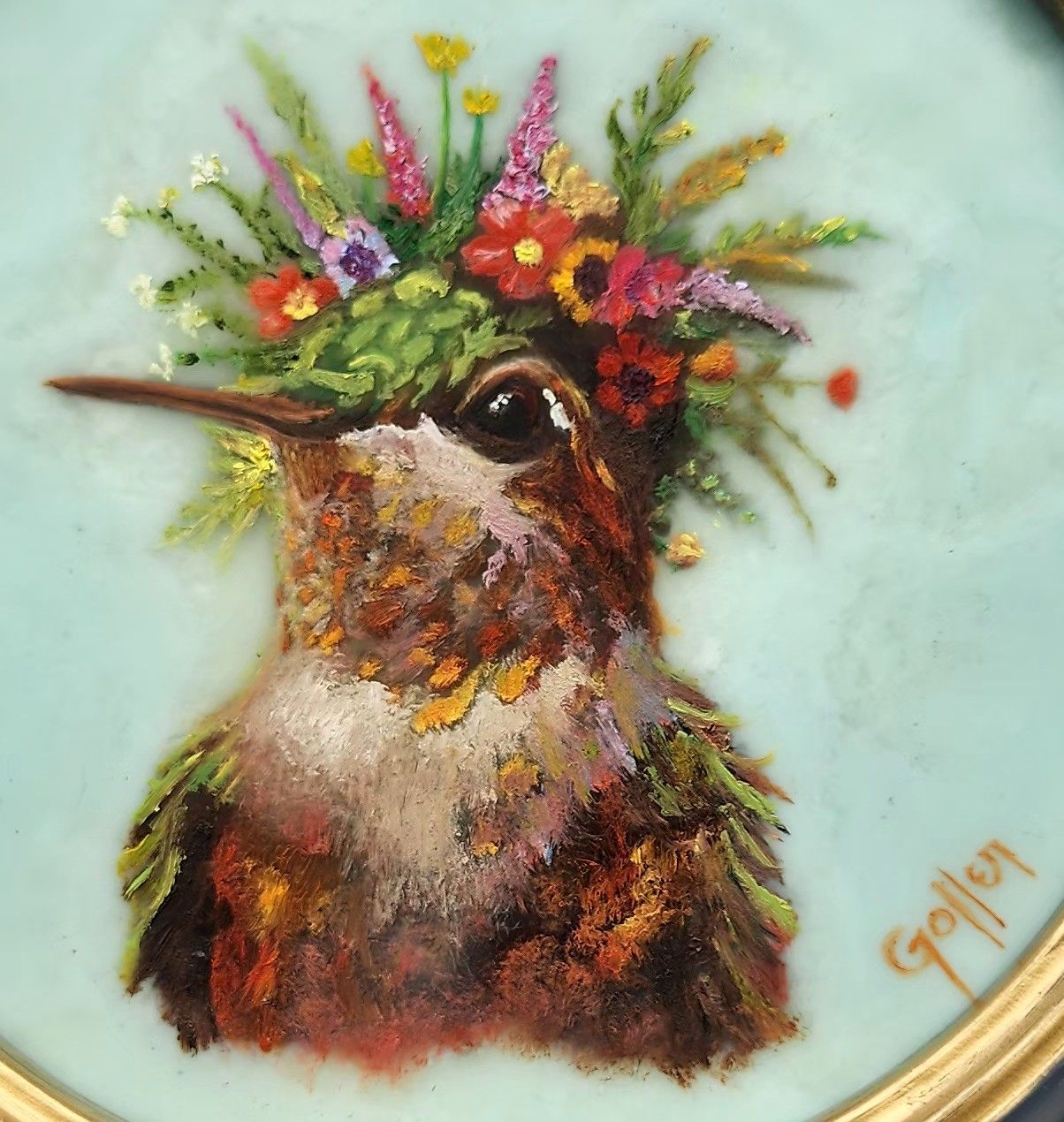 Prints available, original ***SOLD*** CARRIE GOLLER -  HoneyDew, Floriferous Collection (Hummingbird), Mixed media - oil/encaustic 5x5 ***At Jones & Terwilliger Galleries, Carmel, CA please inquire at (831) 626-9100***