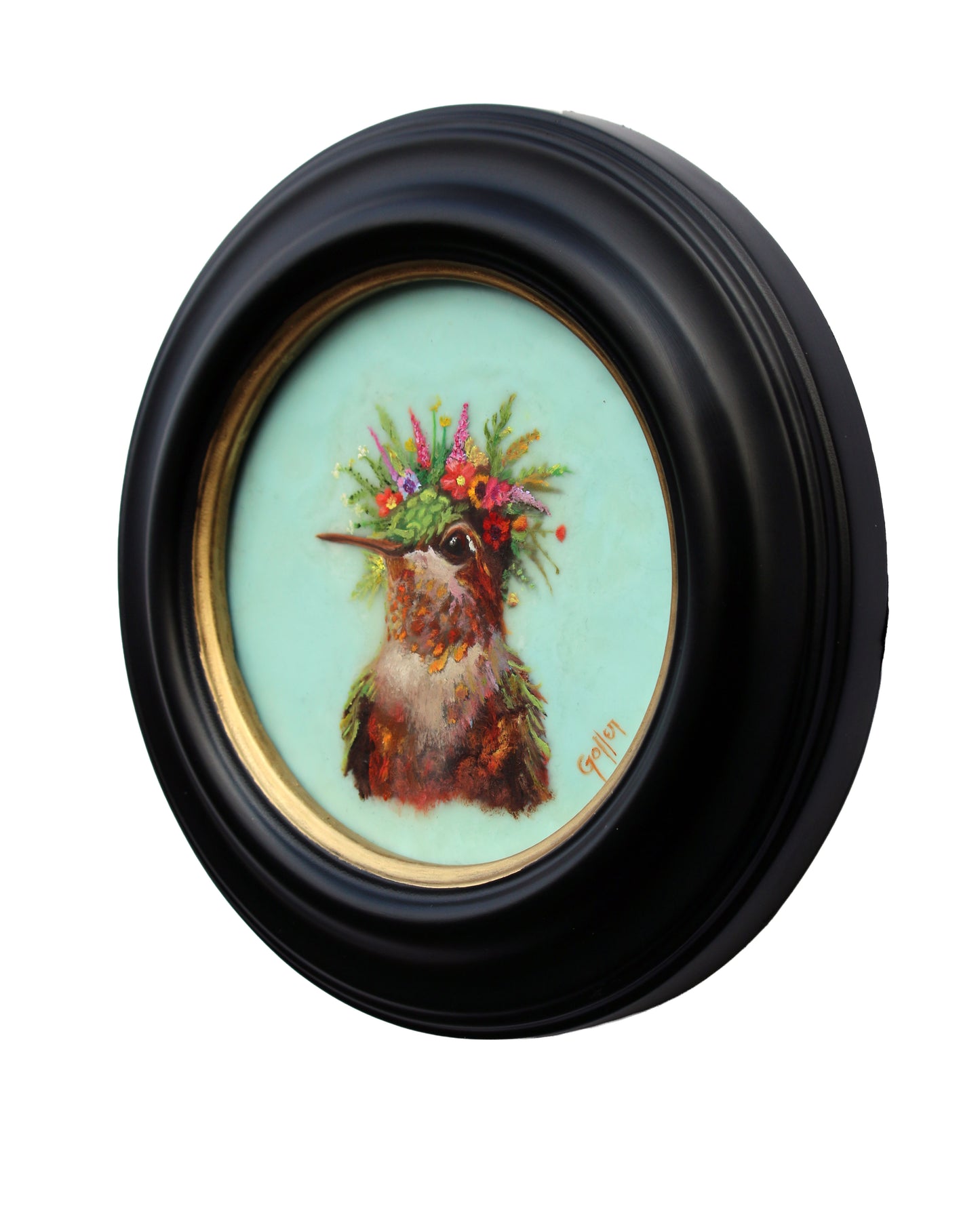 Prints available, original ***SOLD*** CARRIE GOLLER -  HoneyDew, Floriferous Collection (Hummingbird), Mixed media - oil/encaustic 5x5 ***At Jones & Terwilliger Galleries, Carmel, CA please inquire at (831) 626-9100***