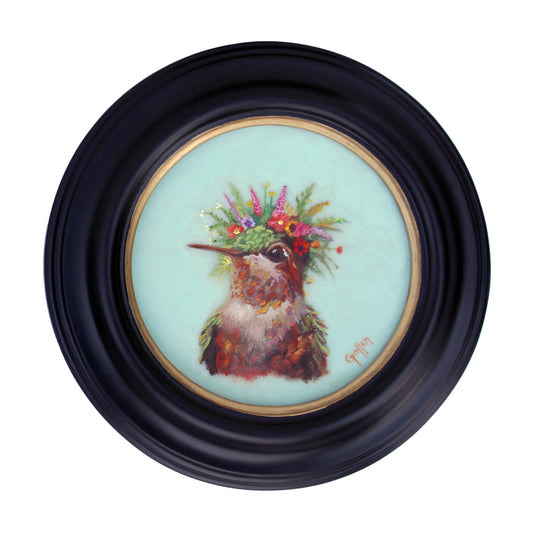 CARRIE GOLLER -  HoneyDew, Floriferous Collection (Hummingbird), Mixed media - oil/encaustic 5x5 ***At Jones & Terwilliger Galleries, Carmel, CA please inquire at (831) 626-9100***