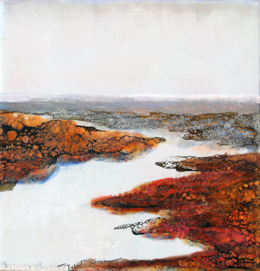 Prints available, original ***SOLD*** Hood Canal Autumn - Encaustic & Mixed Media 8x8.5 - Available at Bainbridge Island Museum of Art Gallery Store