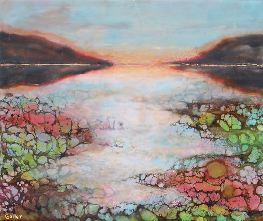 Carrie Goller - Hood Canal Sunset IV, Encaustic/mixed media 11x13