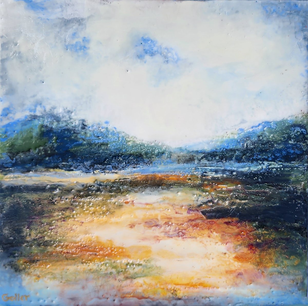 Prints available, original ***SOLD*** Carrie Goller - Hood Canal Glow - Study, Encaustic/Mixed Media 9x9