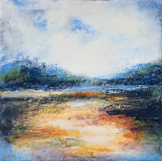 Prints available, original ***SOLD*** Carrie Goller - Hood Canal Glow - Study, Encaustic/Mixed Media 9x9