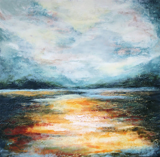 Prints available, original ***SOLD*** Carrie Goller - Hood Canal Glow, encaustic/mixed media 24x24