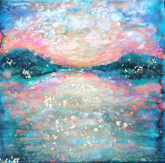 Prints available, original ***SOLD*** Carrie Goller - Hood Canal Mood III, Encaustic/Gold Leaf 7x7