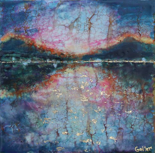 Prints available, original ***SOLD*** Carrie Goller -  Hood Canal Sunset XVIII, encaustic/mixed media 7.5 x 6.5