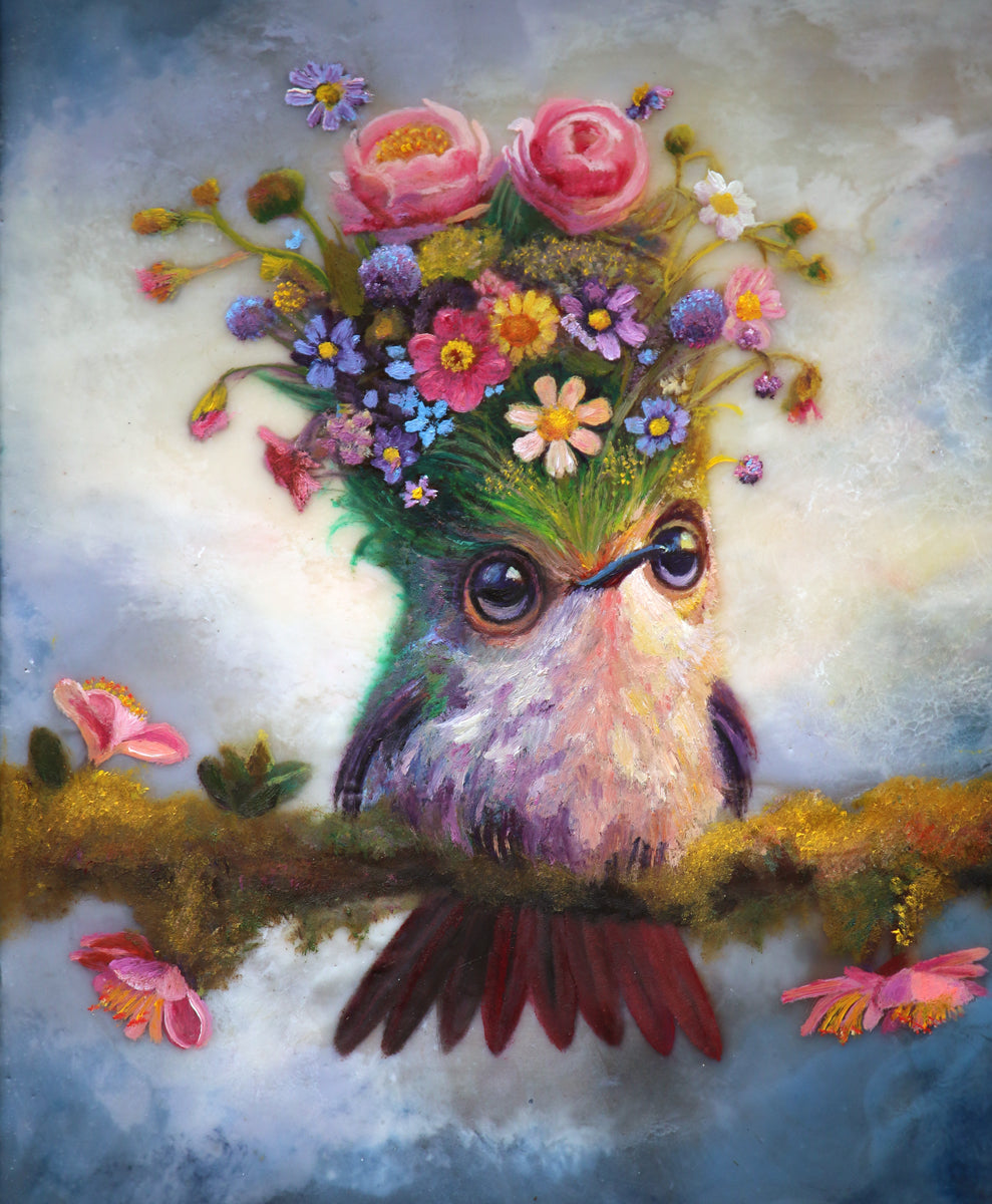 CARRIE GOLLER - Hope (Floriferous "Bouffant" Collection, Hummingbird), Mixed Media - oil/encaustic 8x8 ***At Rehs Contemporary Galleries, NYC, please inquire at (212) 355-5710***