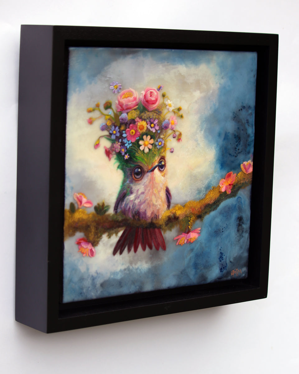 CARRIE GOLLER - Hope (Floriferous "Bouffant" Collection, Hummingbird), Mixed Media - oil/encaustic 8x8 ***At Rehs Contemporary Galleries, NYC, please inquire at (212) 355-5710***