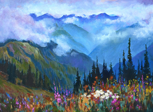 *** SOLD *** JANDI SMALL -  High on Hurricane Ridge, Oil on canvas mounted to cradled birch panel, 20”w x 18”h x 1.5” d