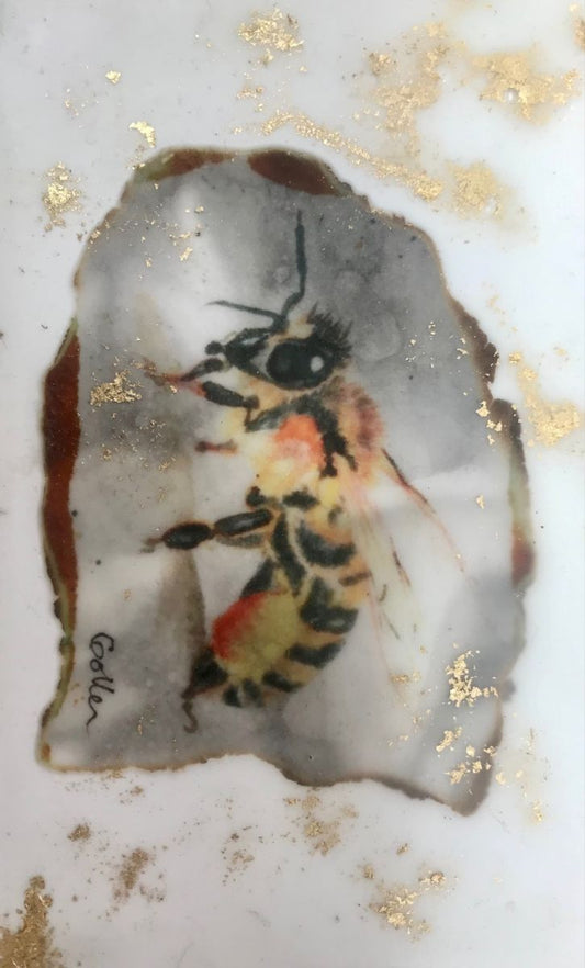 Carrie Goller - Bumble Bee No.2, miniature encaustic giclee print with gold leaf,  3 x 4.75