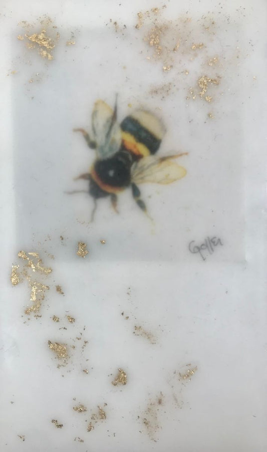 Carrie Goller - Bumble Bee No.4, miniature encaustic giclee print with gold leaf,  3 x 4.75