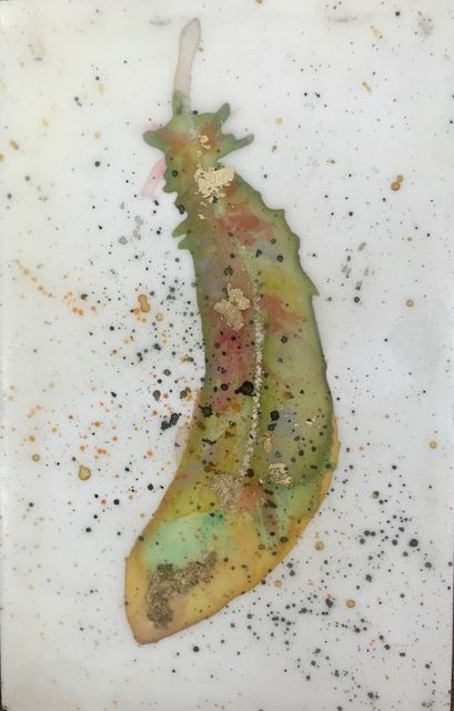 Carrie Goller - Feather, miniature encaustic giclee print with gold leaf,  3 x 4.75