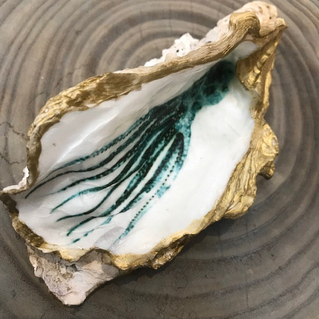Hood Canal Double Seashell -  Whale and Octopus, Large Oyster Shell with 18k Gold Trim - Carrie Goller