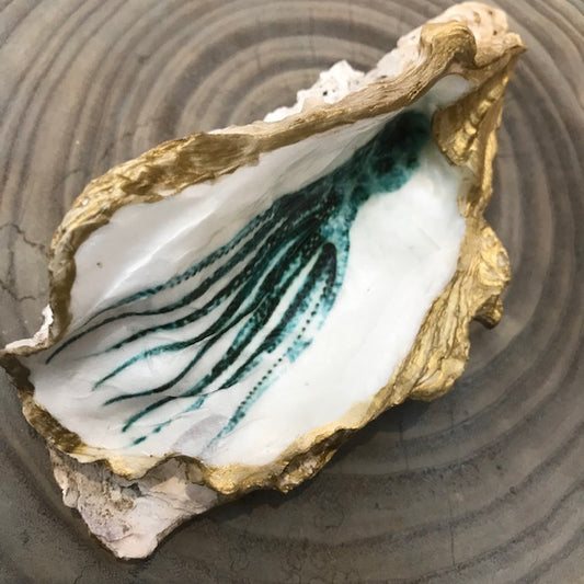 Hood Canal Double Seashell -  Whale and Octopus, Large Oyster Shell with 18k Gold Trim - Carrie Goller