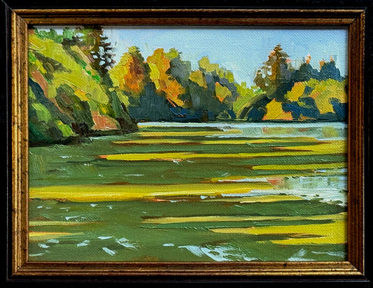 MAURY WEISS - Green Lake Lilies, Original Plein Air Oil on Panel,  6" x 8"