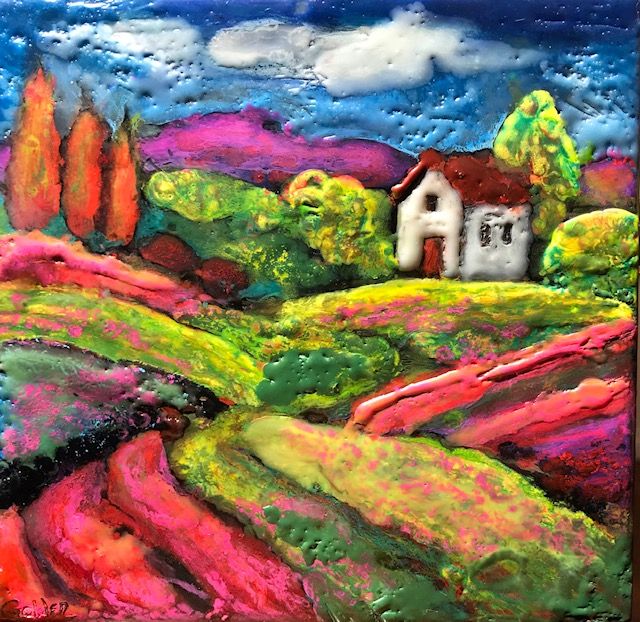 Carrie Goller - Idyllic 63, encaustic on 1.5" wood block, 5 1/2 x 5 1/2