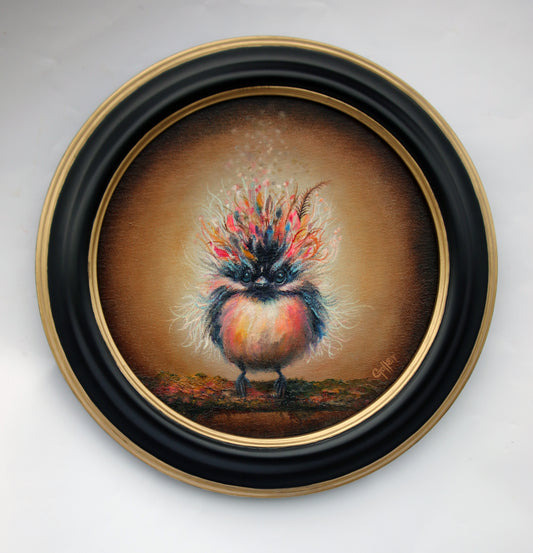 CARRIE GOLLER -  Ignatz (Floriferous Chickadee Bird), Original Oil, 8x8. ***At Rehs Contemporary Galleries, NYC; please inquire at (212) 355-5710***