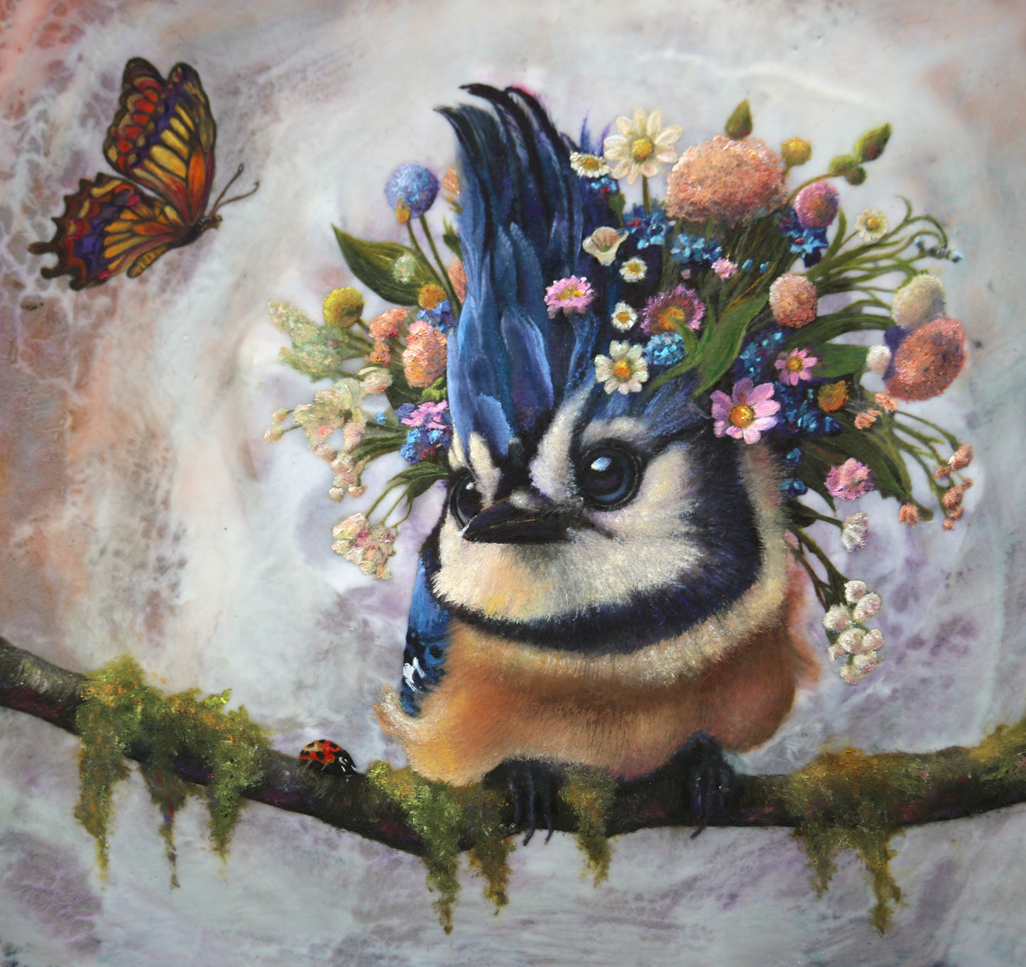 CARRIE GOLLER -  Isadora - Floriferous Collection Bluejay, Mixed media oil/encaustic 12x12 (Bird)  ***At Rehs Contemporary Galleries, NYC, please inquire at (212) 355-5710***