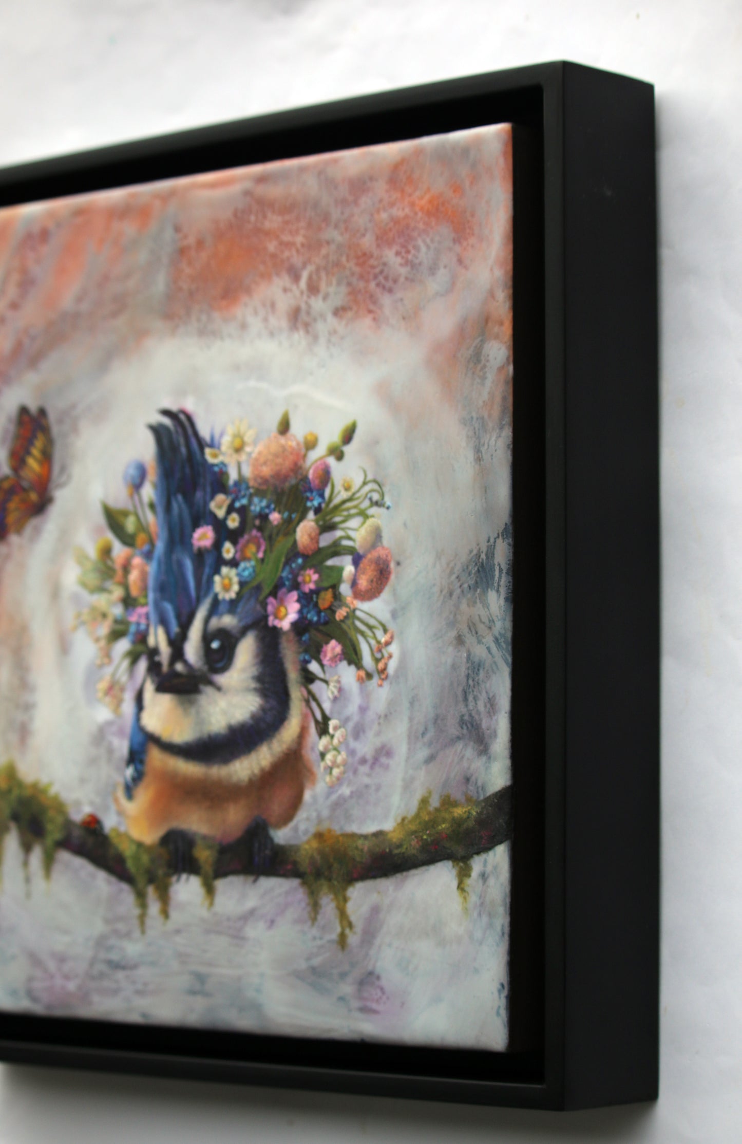 CARRIE GOLLER -  Isadora - Floriferous Collection Bluejay, Mixed media oil/encaustic 12x12 (Bird)  ***At Rehs Contemporary Galleries, NYC, please inquire at (212) 355-5710***