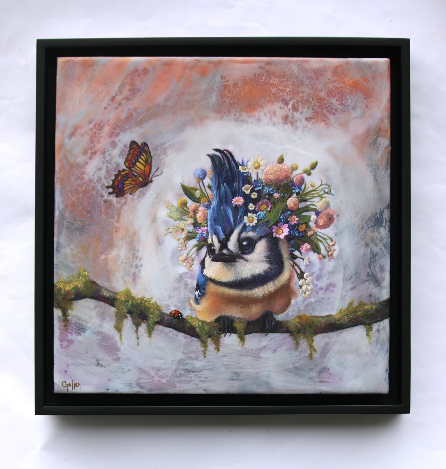 CARRIE GOLLER -  Isadora - Floriferous Collection Bluejay, Mixed media oil/encaustic 12x12 (Bird)  ***At Rehs Contemporary Galleries, NYC, please inquire at (212) 355-5710***