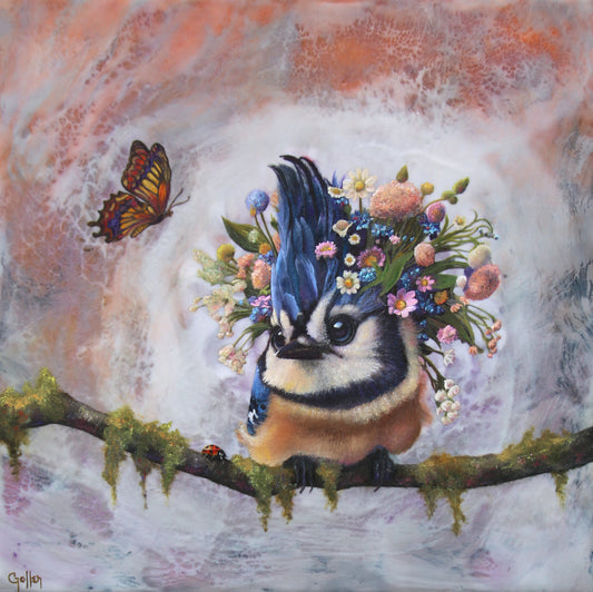 CARRIE GOLLER -  Isadora - Floriferous Collection Bluejay, Mixed media oil/encaustic 12x12 (Bird)  ***At Rehs Contemporary Galleries, NYC, please inquire at (212) 355-5710***