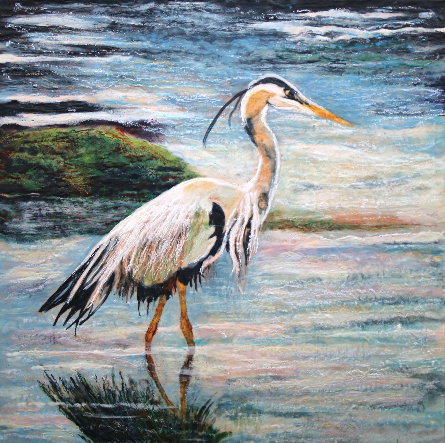 Prints available, original ***SOLD***  Carrie Goller - Ivar (Heron), encaustic/mixed media 48x48