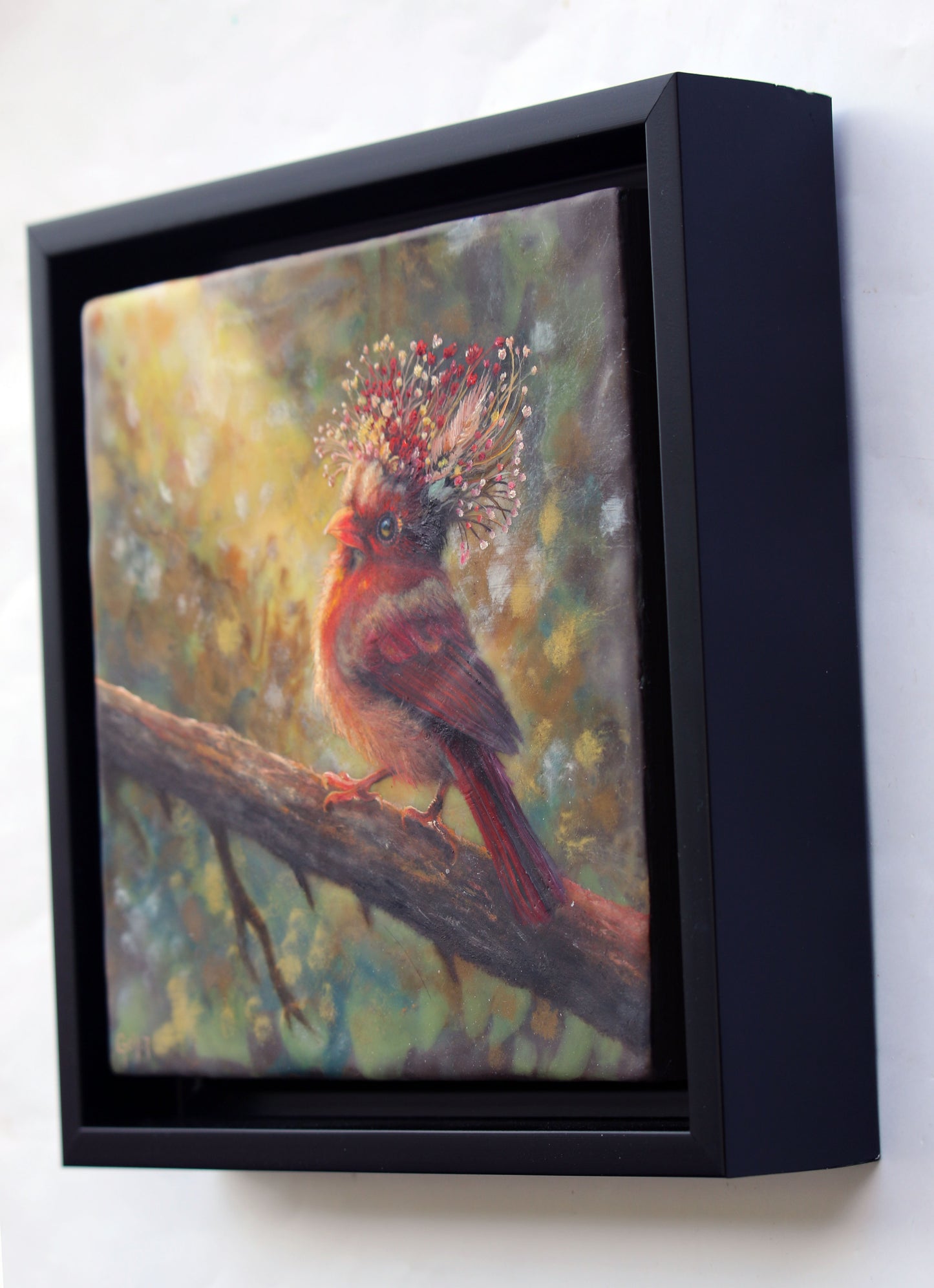 CARRIE GOLLER -  Jasper, Floriferous Cardinal, Original Oil and encaustic 8"x8" *** Available at Signet Contemporary Art, London for AAF Austin, TX***