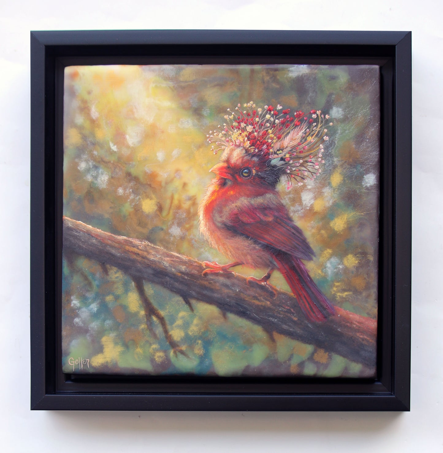 CARRIE GOLLER -  Jasper, Floriferous Cardinal, Original Oil and encaustic 8"x8" *** Available at Signet Contemporary Art, London for AAF Austin, TX***